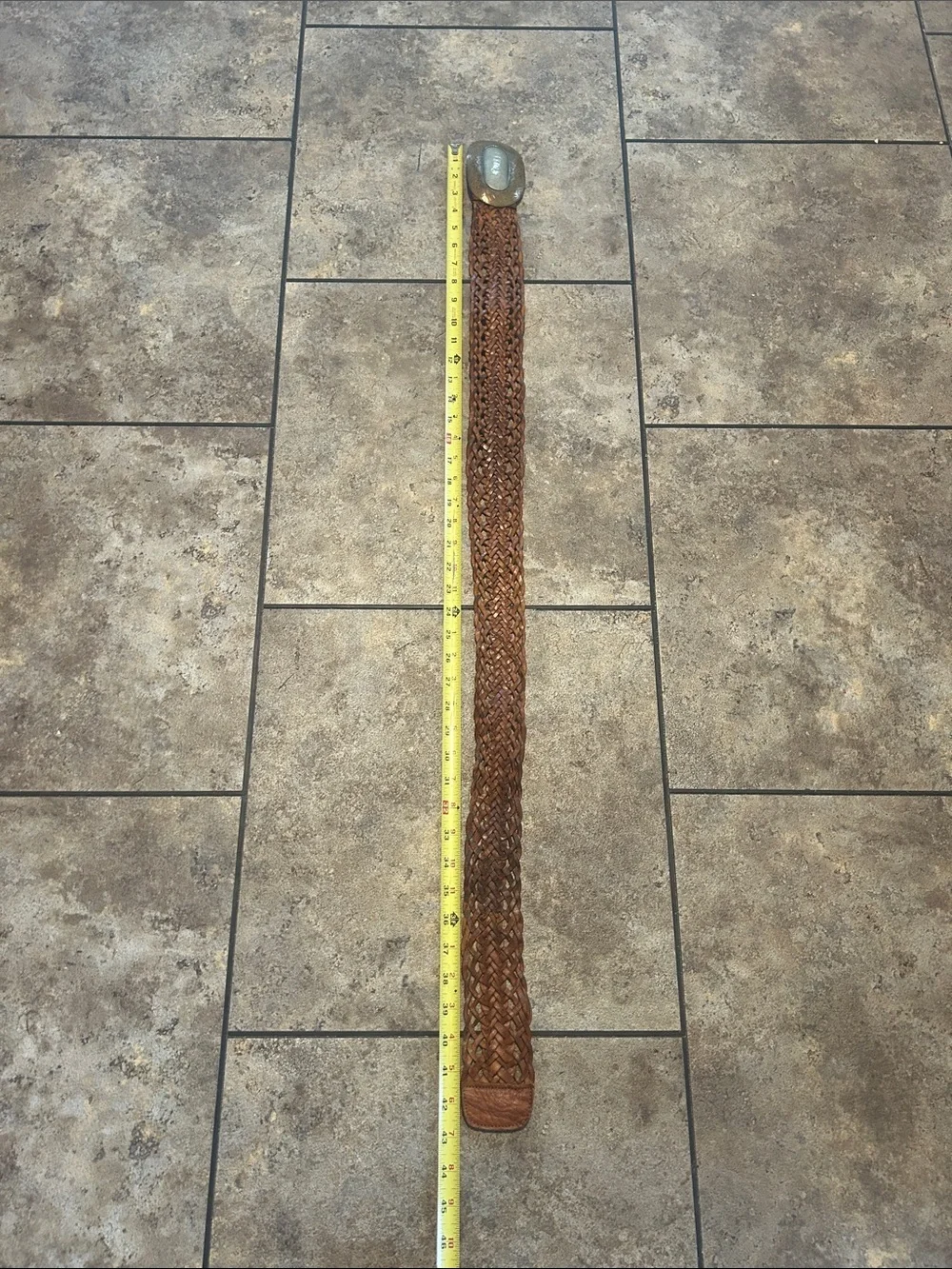 Braided Leather Waist Belt with Antique Brass Hammered Buckle - Brown